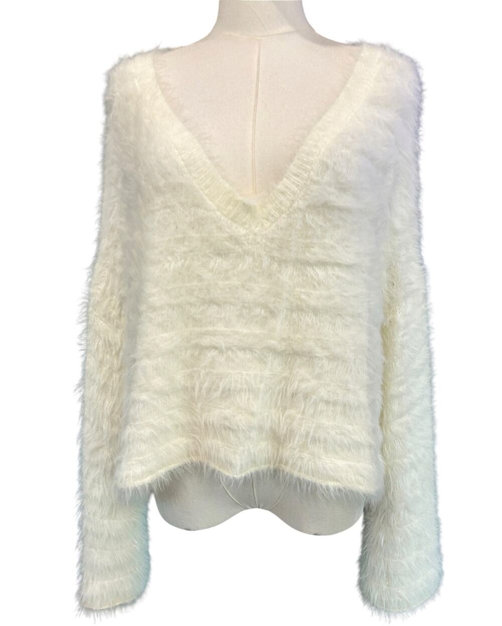 Fuzzy Eyelash Knit Sweater Ivory Shaggy Y2K Coquette Dee Elly Small Crop V Neck